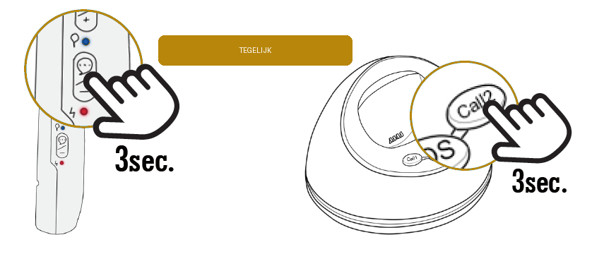 Illustratie: tegelijk de stille modus knop op de noodknop en de Call2-knop op het docking station 3 seconden indrukken