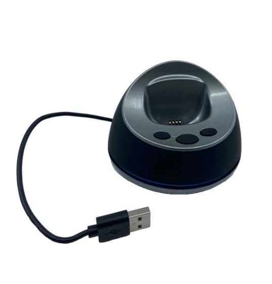 Docking station van SOS-Knop.nl met USB-kabel en drie knoppen: belknop, SOS-knop en stille modus knop