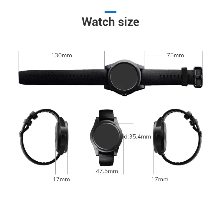Afmetingen van het SOS Horloge: 130mm + 75mm bandlengte, 47,5mm kast, 35,4mm display en 17mm bandbreedte