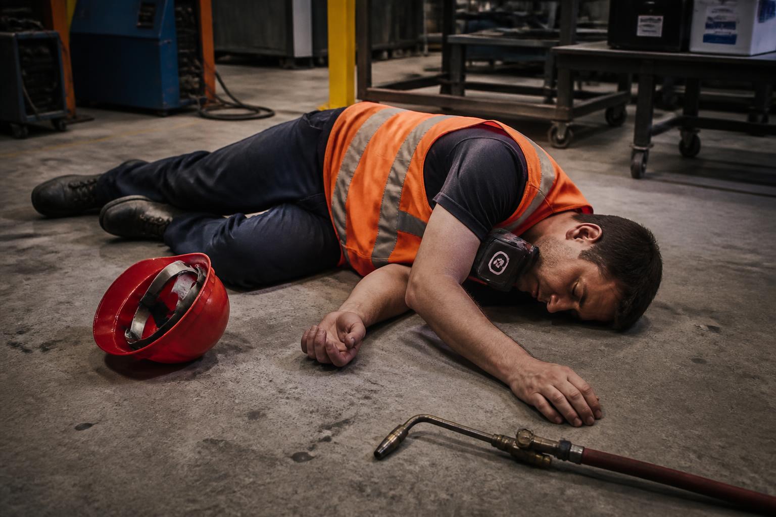 Mannelijke alleenwerker in oranje veiligheidshesje ligt op de grond naast een soldeerbrander en rode helm, met een zwart man-down alarm op een armband om zijn bovenarm
