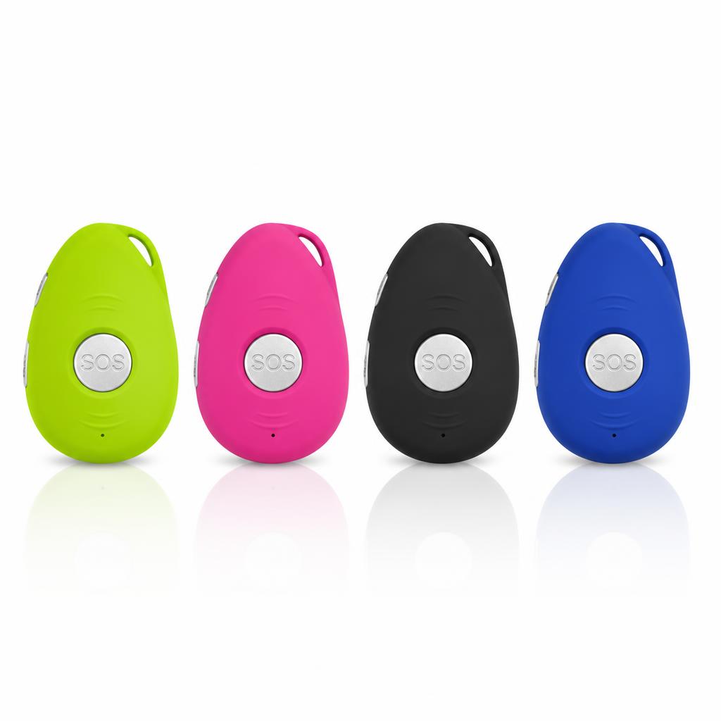 SOS-Knop 4G in vier kleuren: groen, roze, zwart en blauw — met centrale zilveren SOS-knop